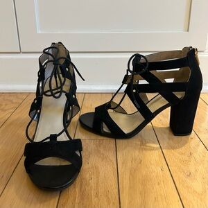 Circus by Sam Edelman Black Suede Strappy Laced Block Heel Sandals, Gold Zipper